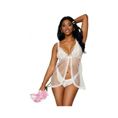 Women s Lingerie Dreamgirl Lace Mesh Babydoll With Pearl Accents Lace Pearl G string White O s