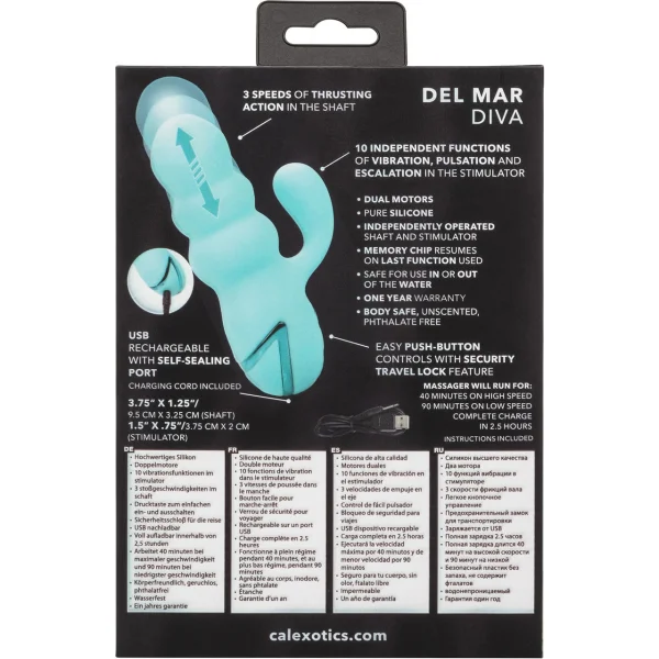 California Dreaming Del Mar Diva Thrusting Rabbit Style Silicone Rechargeable Vibrator by CalExotics
