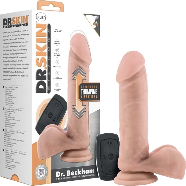Dr. Skin Dr. Beckham 7" Thumping Silicone Suction Cup Dildo With Balls & Remote By Blush - Vanilla
