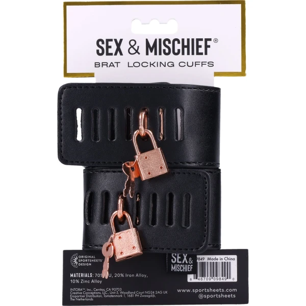 Sex & Mischief Brat Locking Cuffs Set By Sportsheets - Rose Gold & Black