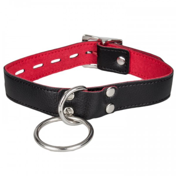 Bondara Black Faux Leather Red Suede Padlocked O-Ring Collar