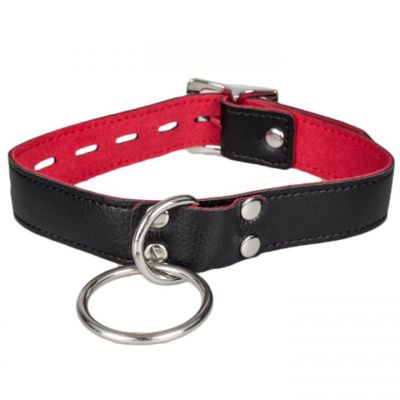Bondara Black Faux Leather Red Suede Padlocked O Ring Collar