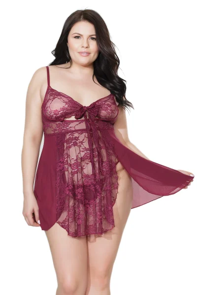 Lace Merlot Tie-Front Babydoll & G-String — image 4 of 6