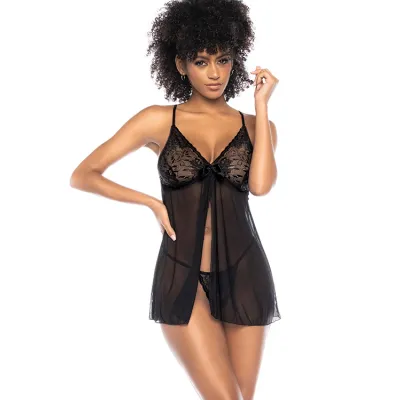 Mapale by Espiral Iris Black Mesh Babydoll with Matching G String