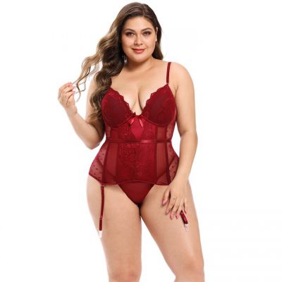 Bondara Belle Plus Size Heartbreaker Satin Garter Corset And G String