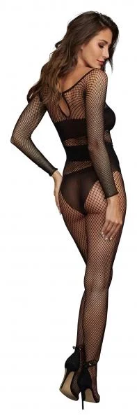 Fishnet Long Sleeves Bodystocking Boat Neck Black O/S