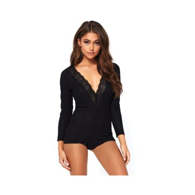 Eyelet Long Sleeved Romper With Swirl Lace Deep v Large Black