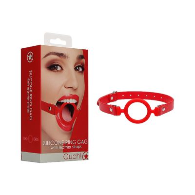 Ouch Silicone Ring Gag With Leather Straps Red
