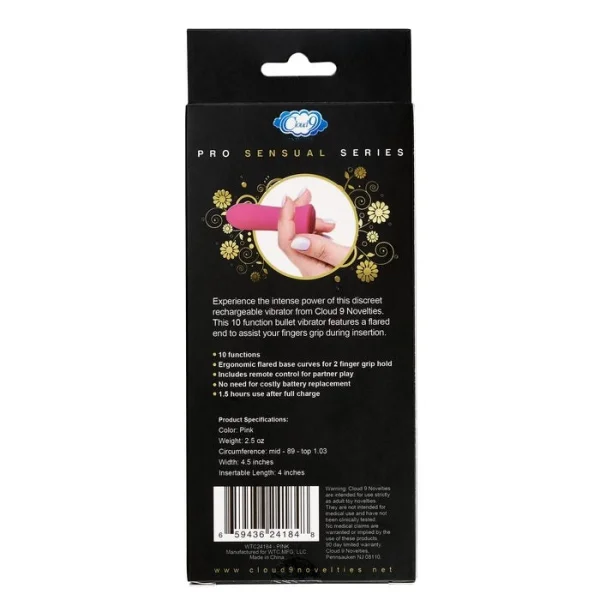 Cloud 9 Power Touch Rechargeable Wireless Bullet Vibrator With Remote Control - Pink