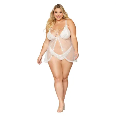 Babydoll and Pearl G String Queen Size White