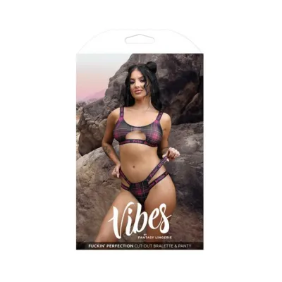 Women s Lingerie Fantasy Lingerie Vibes Fuckin Perfection Plaid Mesh Cut Out Bralette Panty Black S m
