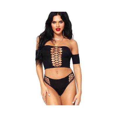 2 Piece Crop Top Net Detail and Thong Back Bottoms Black O S
