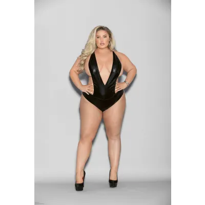 Liquid Look Chain Back Open Crotch Teddy Queen Size Black