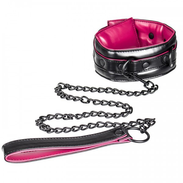 Bondara Choke Pink and Black Faux Leather Collar with Leash