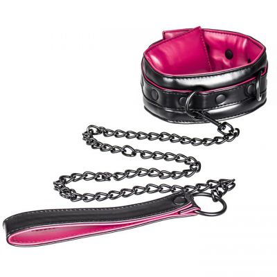 Bondara Choke Pink and Black Faux Leather Collar with Leash