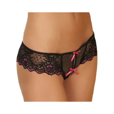 Crotchless Lace Thong W bows Black 1x 2x