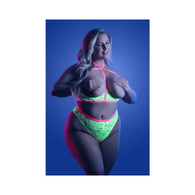 Women s Lingerie Fantasy Lingerie Glow Persuasive Contrast Elastic Open Cup Lace Cage Bra Panty Neon Green Queen Si