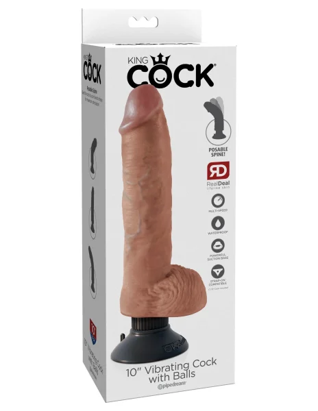 King Cock 10" Vibrating Cock With Balls - Tan