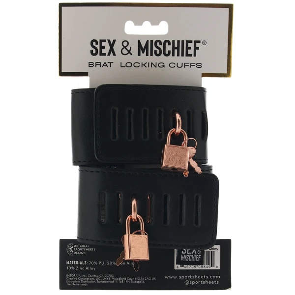 Sex & Mischief Brat Locking Cuffs Set By Sportsheets - Rose Gold & Black