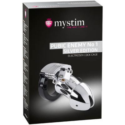 Mystim Pubic Enemy No 1 Silver Edition Silver Cock Cage with E Stim