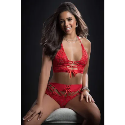 2pc O Ring Boyshort Halter Top and Stockings One Size Candy Red
