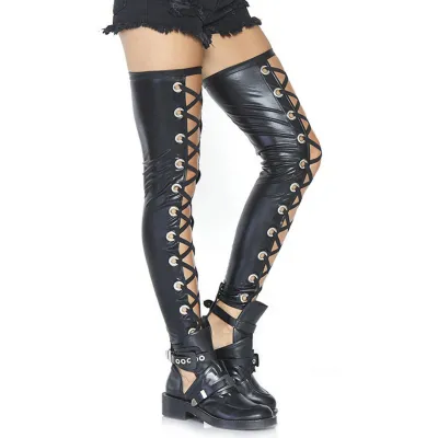 Leg Avenue Black Wet Look Footless Lace Up Thigh Hold Ups