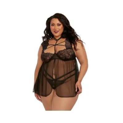 Dreamgirl Plus size Lace Babydoll With Thong Black 2x Hanging
