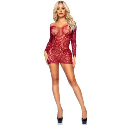 Crotchet Lace Long Sleeve Mini Dress One Size Burgundy