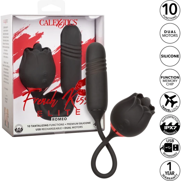 French Kiss Elite Romeo Thrusting Bullet Vibe & Flickering Tongue Clitoral Stimulator By CalExotics - Black