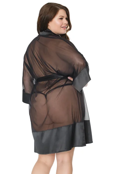 Plus Size Black Satin & Stretch Mesh Kimono — image 12 of 12