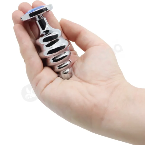 Hidden Treasures Silver & Blue Ribbed Gem 2.9" Butt Plug