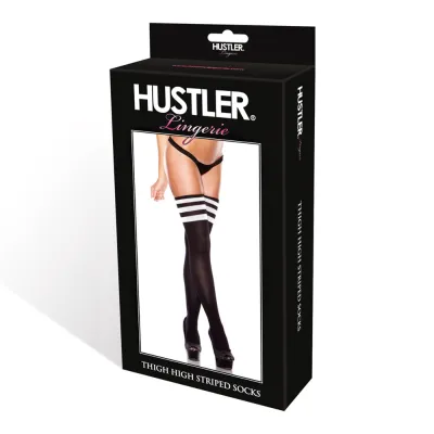 Hustler Thigh High Striped Socks Black White