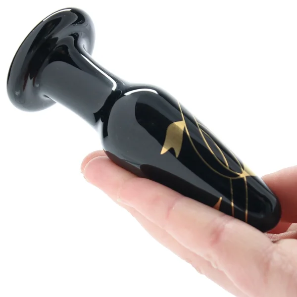 Secret Kisses Handblown Glass Anal Plug 4" Slim - Black & Gold