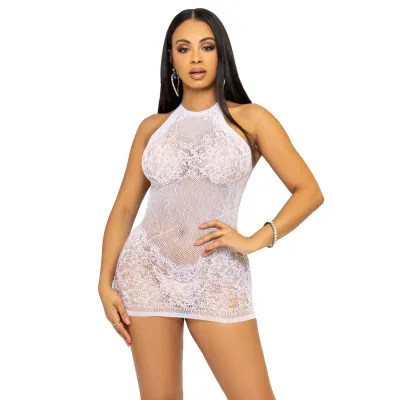 Rhinestone Lace and Net Mini Dress One Size White