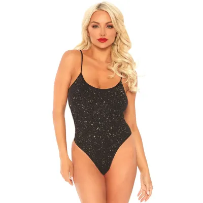 Shimmer Lurex Opaque Thong Back Bodysuit Black gold One Size