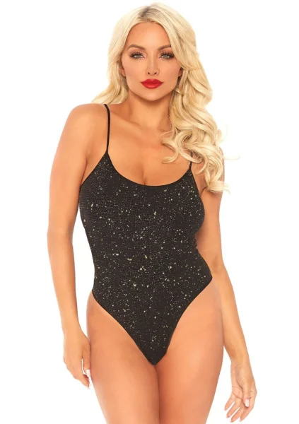 Shimmer Lurex Opaque Thong Back Bodysuit - Black-gold - One Size