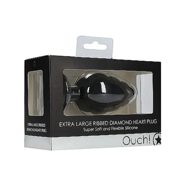 Ouch Extra Large Ribbed Diamond Heart Plug - Black
