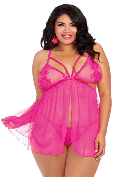 Dreamgirl One Size Plus Size Stretch Mesh Flyaway Front Babydoll and G-String Set