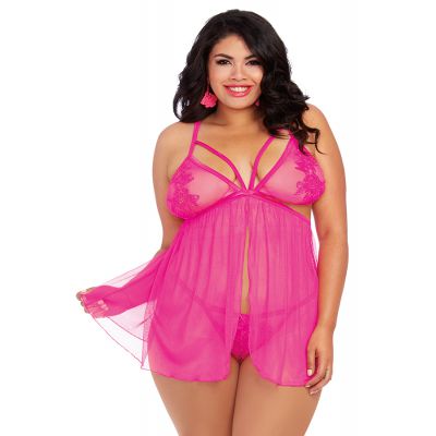 Dreamgirl One Size Plus Size Stretch Mesh Flyaway Front Babydoll and G String Set