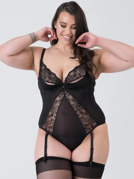 Lovehoney Plus Size Lotus Black Sheer Embroidered Teddy