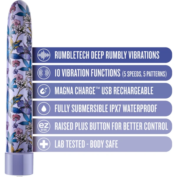 Limited Addiction Floradelic Rechargeable Waterproof Slimline Vibrator By Blush - Purple