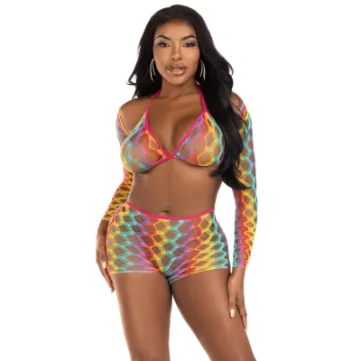 3 Pc Net Bra Top With Shrug and Boy Shorts One Size Multicolor