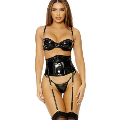 Forplay Link Up 3 Piece Bra Set with Garter Belt Panty