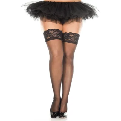 Silicone Lace Top Spandex Sheer Thigh Hi Queen Size Black