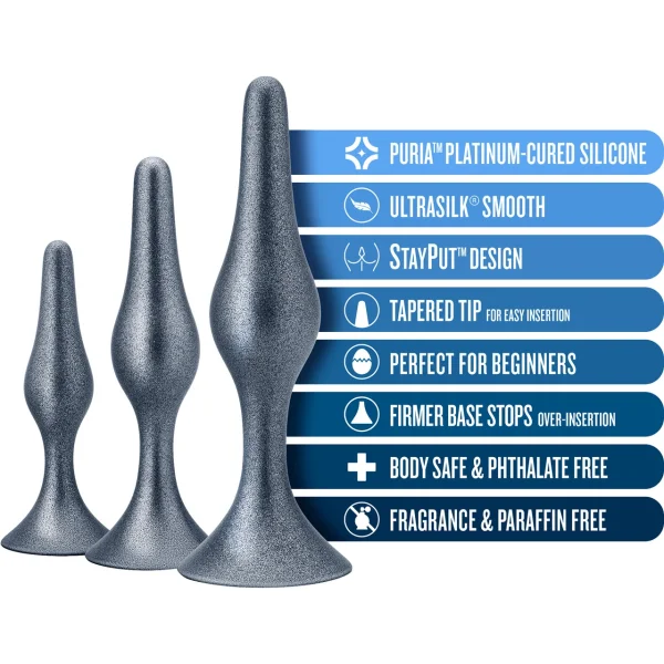 Anal Adventures Matrix Genesis 3-Piece Silicone Butt Plug Kit By Blush - Stellar Silver