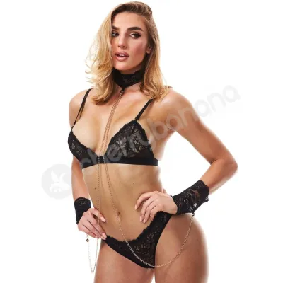 Secret Kisses Boudoir Black Lace Collar Cuffs With Gold Chains