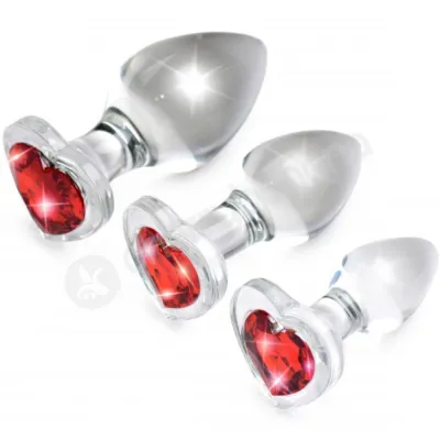 Booty Sparks Red Heart Gem Glass Anal Plug 3 Piece Set