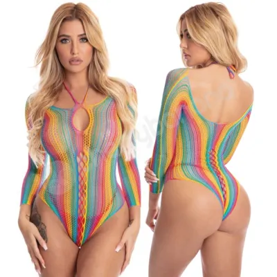 Pink Lipstick More Colour Long Sleeve Rainbow Bodysuit O S