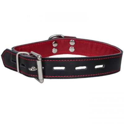 Bondara Luxe Black and Red Leather Collar with Leash