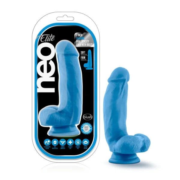 Blush Neo Neon Blue Elite 7 Inch Silicone Dual Density Cock w Balls — image 6 of 8